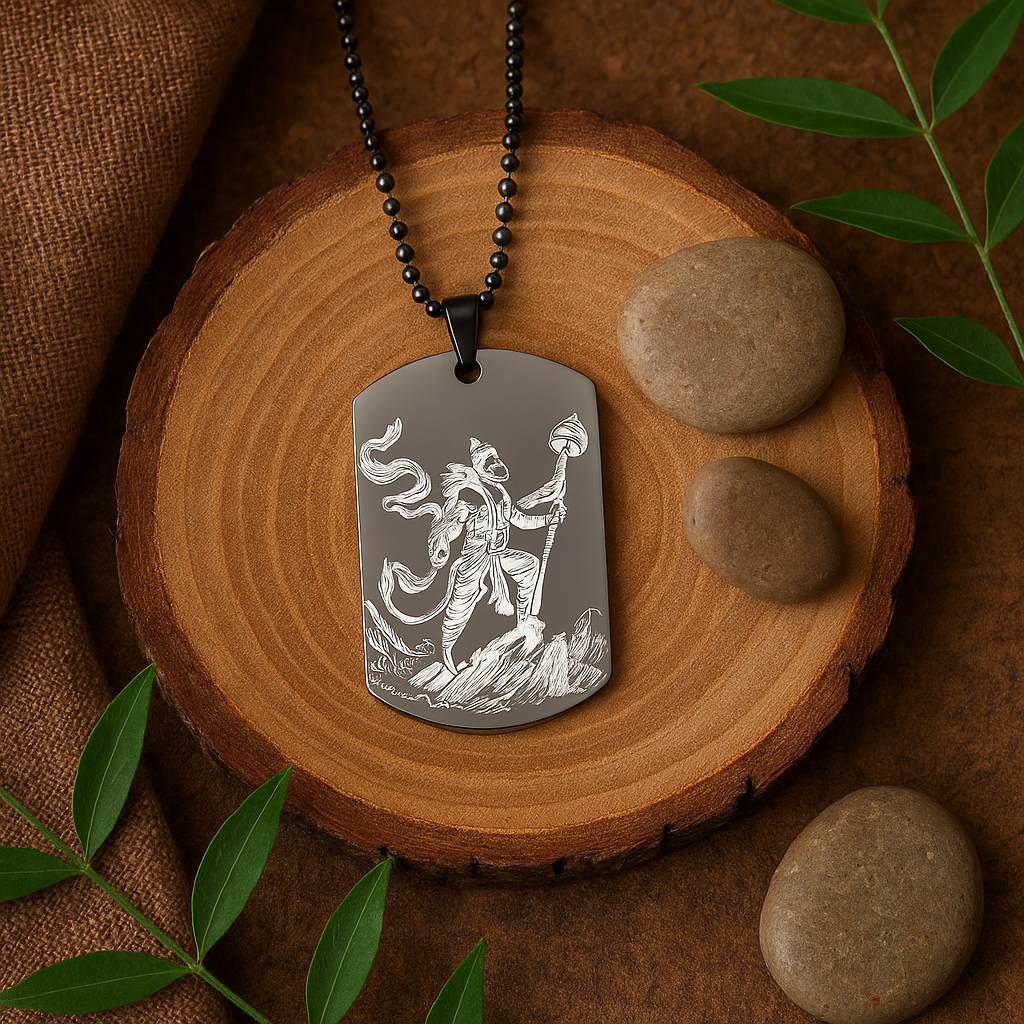 Hanuman pendant with engraved design on a wooden surface with stones and leaves